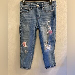 WHBM Floral Embroidered and distressed cropped straight Blue Jeans, size 2
